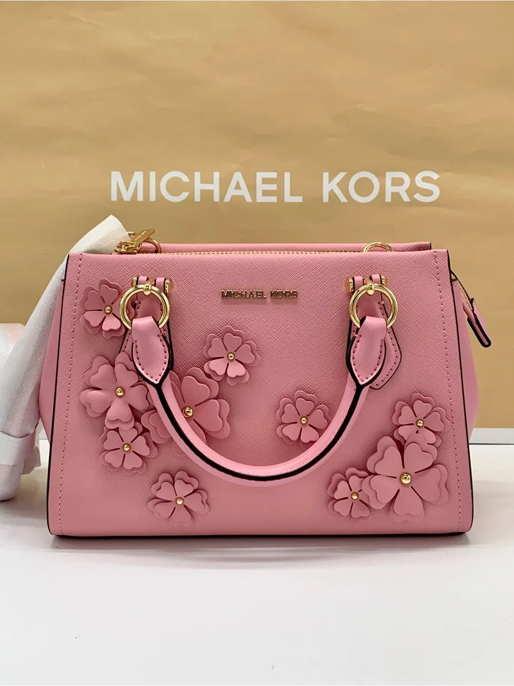 MICHAEL KORS Marilyn small Carnation Floral Applique Satchel with Gold Hardware